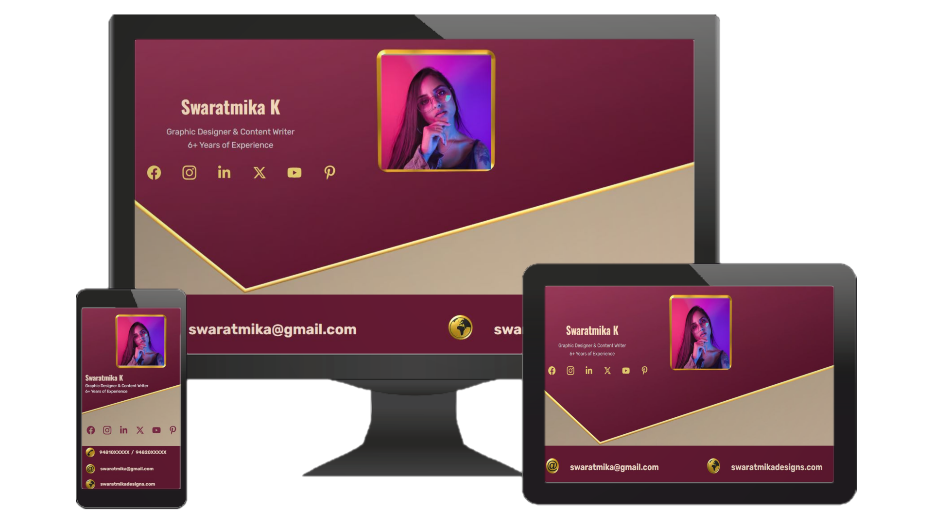 profile of a women displayed on desktop, tablet, and mobile